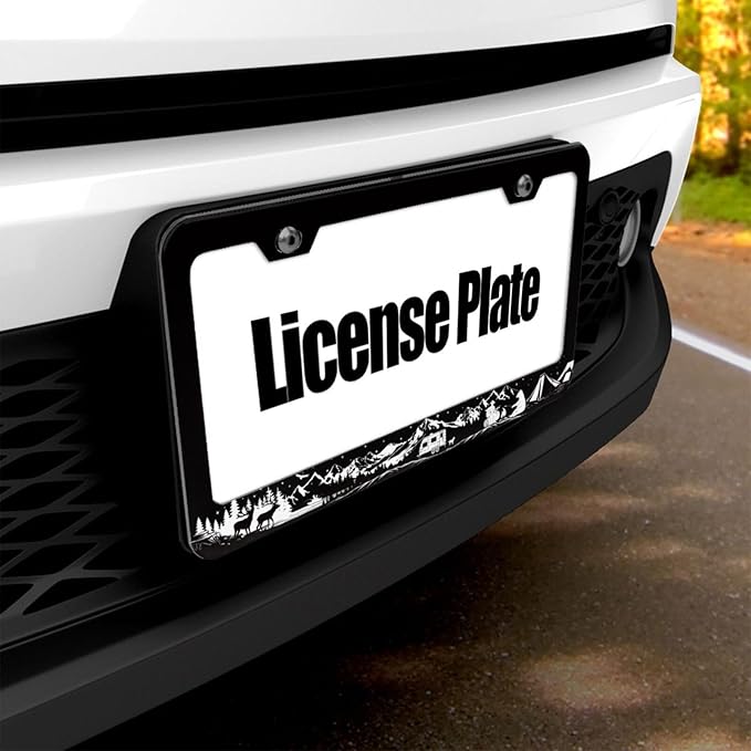 Camping License Plate Frames 2 Pack - Mountains Adventure License Plate Cover Deer Bear Wildlife Camper Car Tag