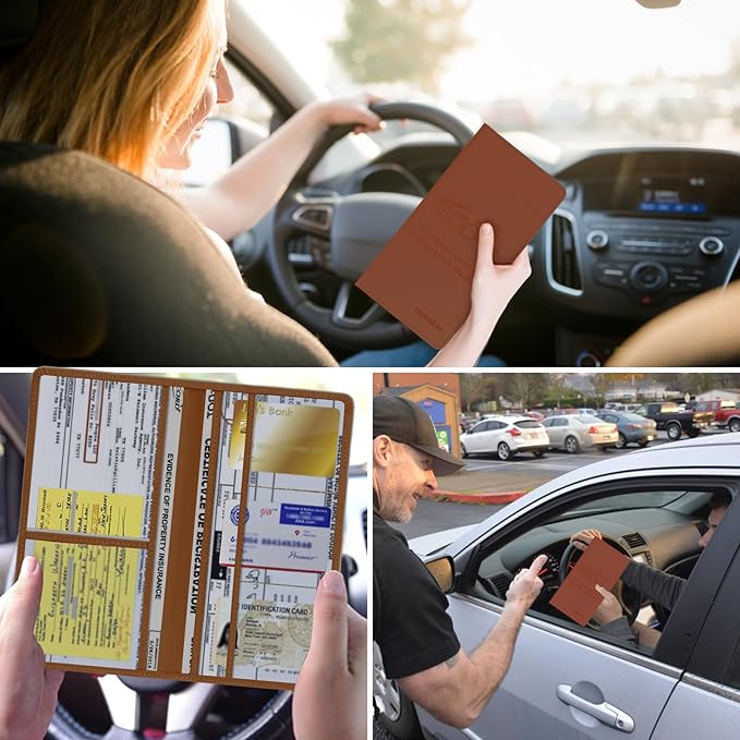 Car Registration & Insurance Card Holder Leather Auto Glove Box Organizer Document Wallet with Magnetic Shut