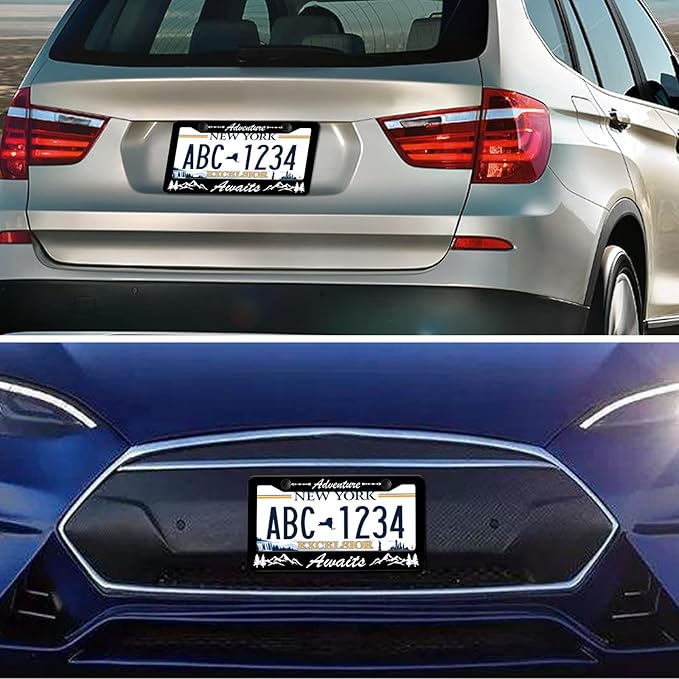 Adventure Awaits License Plate Frame - 2 PCS Mountains Tree Aluminum Metal License Plate Frames Holder, Rust-Proof Waterproof Car Decorative Tag Frames with Screws Fasteners Caps
