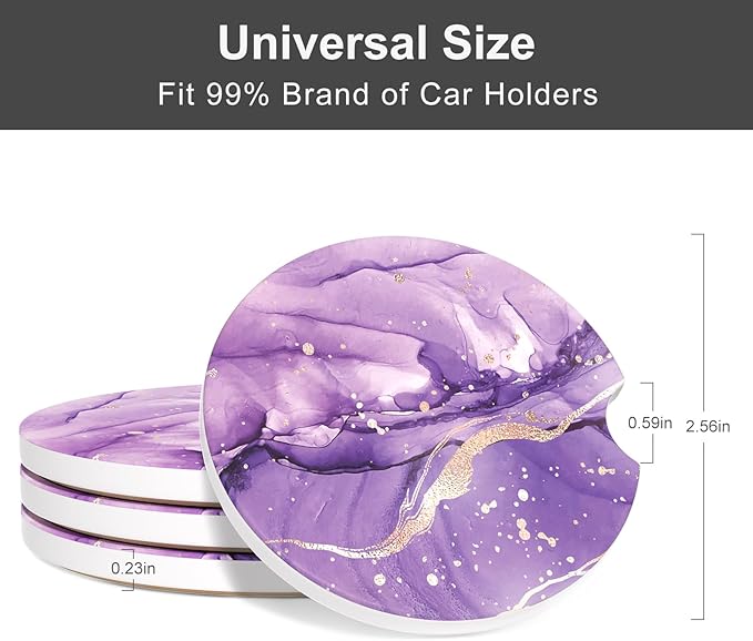 Car Cup Holder Coaster, Car Coasters for Cup Holders, 4 Pack Universal Anti Slip Insert Absorbent Ceramic Auto Interior Accessories with A Finger Notch & Cork Base, Purple Marble
