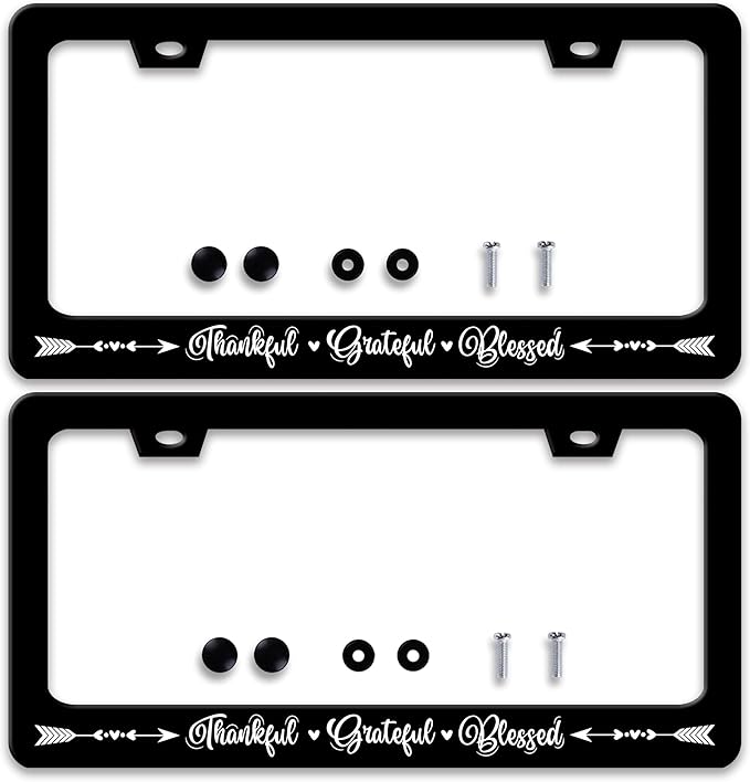 2 Pcs Thankful Grateful Blessed License Plate Frame Christianity License Plate Frames Personalise Stainless Steel Funny Design Compatible with Standard License Plate Holder for USA Canada 6 X 12 Inch