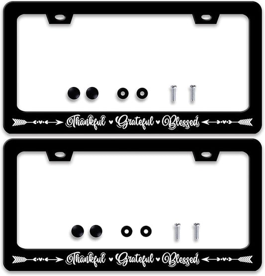 2 Pcs Thankful Grateful Blessed License Plate Frame Christianity License Plate Frames Personalise Stainless Steel Funny Design Compatible with Standard License Plate Holder for USA Canada 6 X 12 Inch