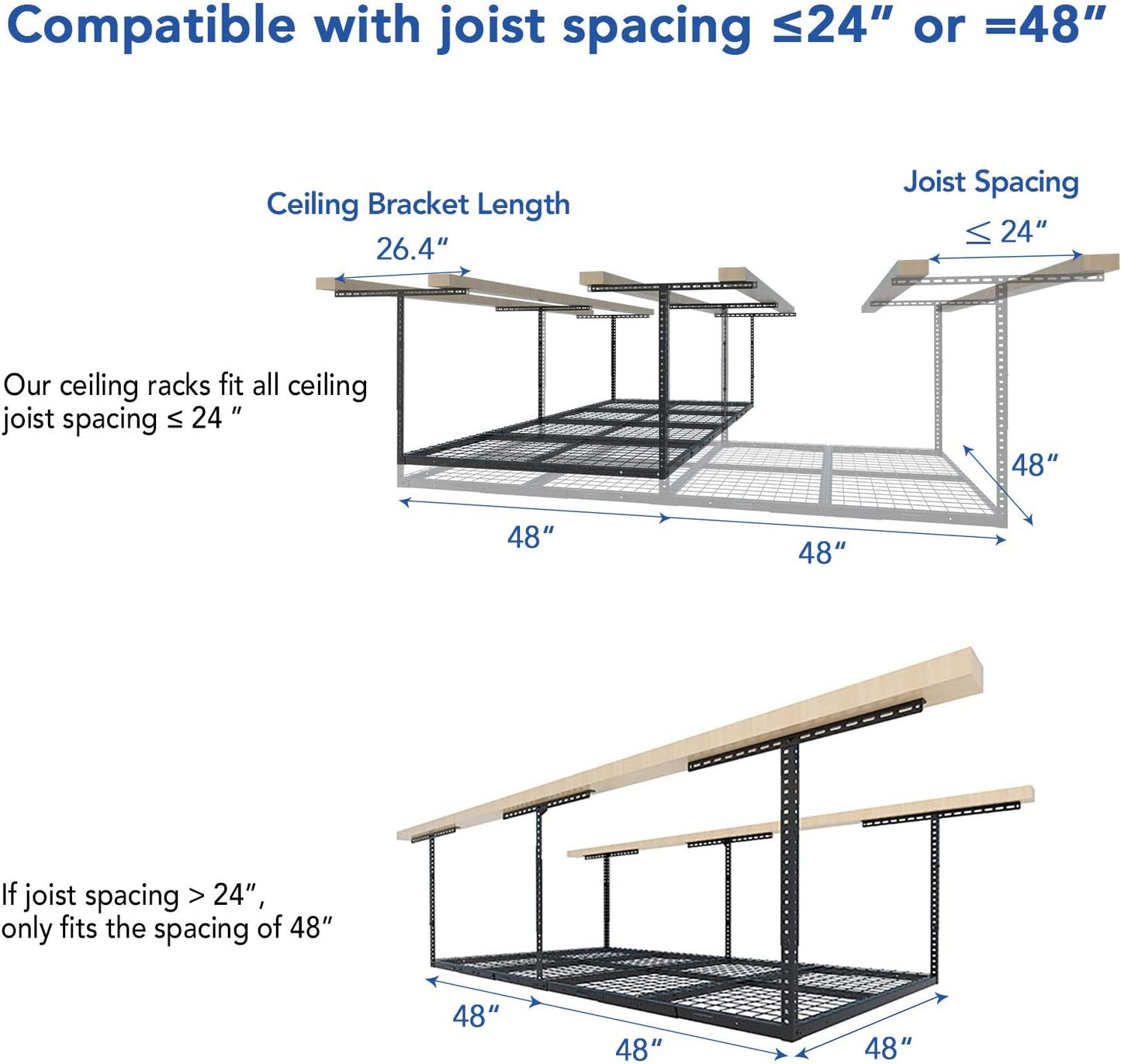 FLEXIMOUNTS 4x8 Overhead Garage Storage Rack, Adjustable Garage Storage Organization Systerm, Heavy Duty Metal Garage Ceiling Storage Racks, 600lbs Weight Capacity, Black