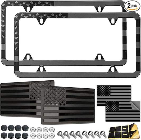 American Flag License Plate Frames - 2 Pack Black Stainless Steel Patriotic USA Car Tag Frame with UV-Printed Flag & 3D Metal Decals