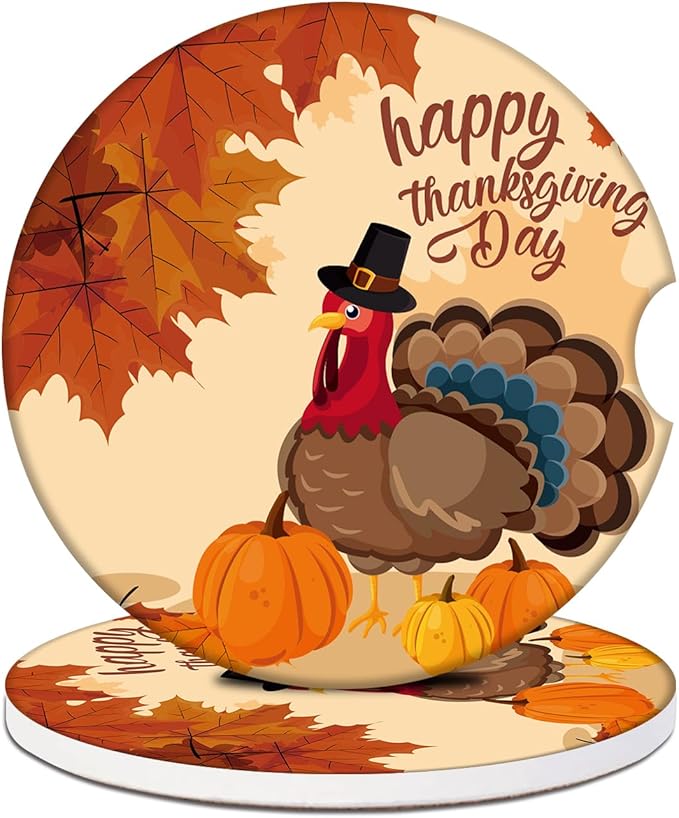 Thanksgiving Turkey Car Coasters for Cup Holders, Fall Pumpkin Absorbent Ceramic Car Coaster Car Cup Holder Coaster Car Accessories for Women Men (2 Pack)