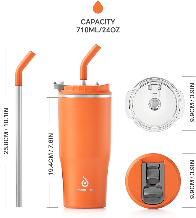 Ideus Insulated Tumbler with Lid and Straw 24 oz, Stainless Steel Double-Wall Vacuum Leak-Proof Travel Coffee Mug, Cup Holder Friendly, Orange Tiger