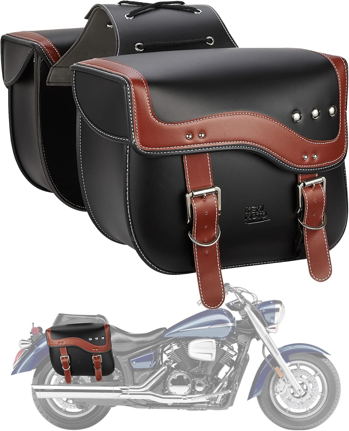 KEMIMOTO Motorcycle Saddlebags, 30L Large Capacity Saddle Bags Motorcycles, PU Leather Motorcycle Luggage Bag for Sportster Softail Dyna V-star Shadow, Universal Motorcycle Accessories, Brown