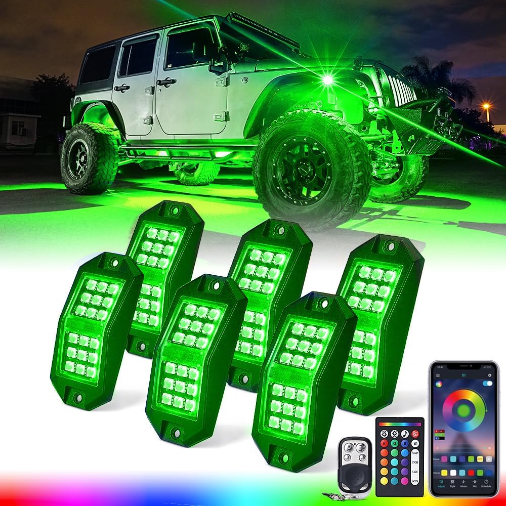 Xprite RGB LED Rock Lights Wide Angle Bluetooth Multicolor Neon Lighting Footwell Underglow Kits w/Wireless Remote, Compatible Jeep Off-Road Trucks Cars UTV ATV SUV RZR Motorcycles Boats 6 Pods