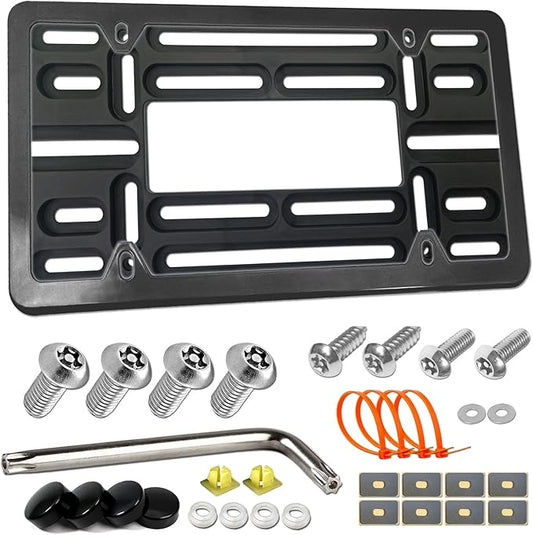 BGGTMO Front License Plate Mounting Kit- Universal License Plate Bracket & Black Aluminum Car Tag Frame for 2 Drill Hole Front Bumper, Adapter Holder with Anti-Theft Screws Bolts Caps Cover Fastener