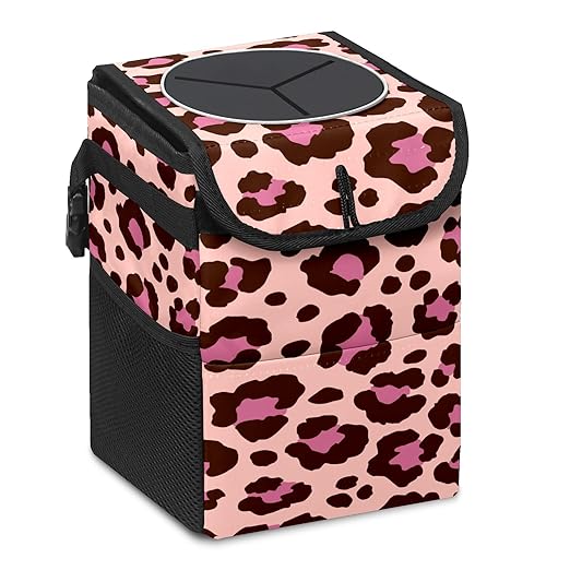 Car Trash Can Leopard Pink and Black Print Wate-rproof Auto Garbage Bag Car Trash Can with Lid Leak-Proof Car Storage Bag Hanging for Headrest Collapsible and Portable with Storage Mesh Pocket
