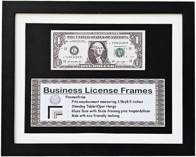 8.5x11 Business License Frame, Black Wood Grain Finish, UV Resistant, Holds 1st Dollar & 3x8.5 License, Includes Easel & Wall Hanger