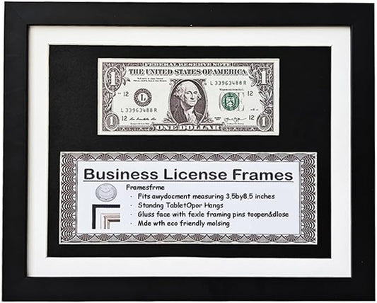 8.5x11 Business License Frame, Black Wood Grain Finish, UV Resistant, Holds 1st Dollar & 3x8.5 License, Includes Easel & Wall Hanger