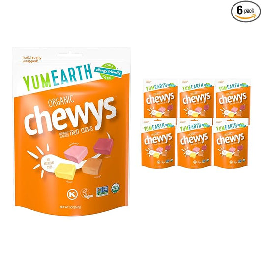 YumEarth Organic Fruit Chews - Fruit Flavored Candy Chews, No Dye, Allergy Friendly, Gluten Free, Non-GMO, Vegan Candy with No Artificial Flavors, 5 ounce (Pack of 6)