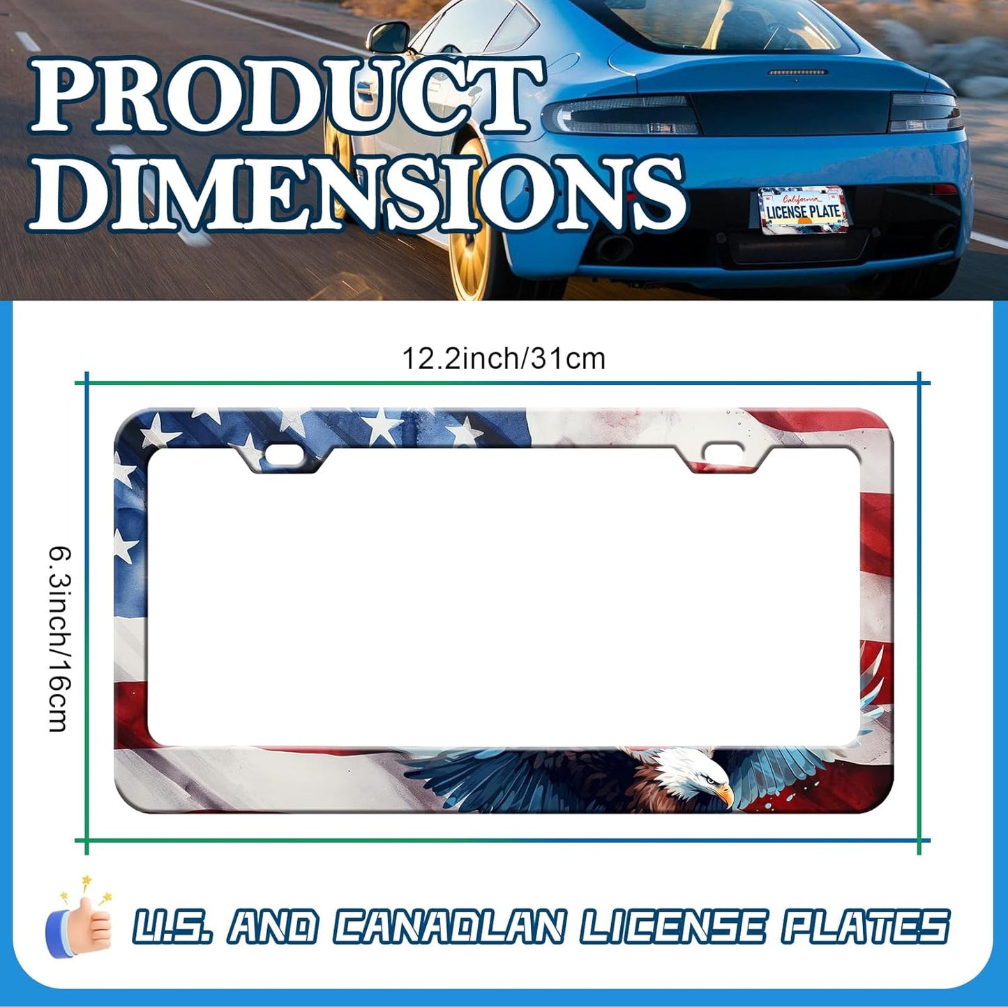 American Flag Eagle License Plate Frames - 2 Pack US Flag Patriotic Stainless Steel License Plate Holder,Rust-Proof Waterproof Car Decorative Tag Frame with Screws Fasteners Caps