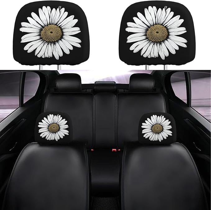 Dujiea 2 Pack Daisy Car Head Rest Covers, Universal Soft Car Seat Headrest Protector, Vehicle Accessories Fabric Headrest Cover for Cars Vans Trucks