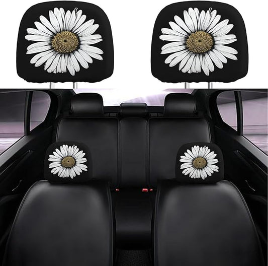 Dujiea 2 Pack Daisy Car Head Rest Covers, Universal Soft Car Seat Headrest Protector, Vehicle Accessories Fabric Headrest Cover for Cars Vans Trucks