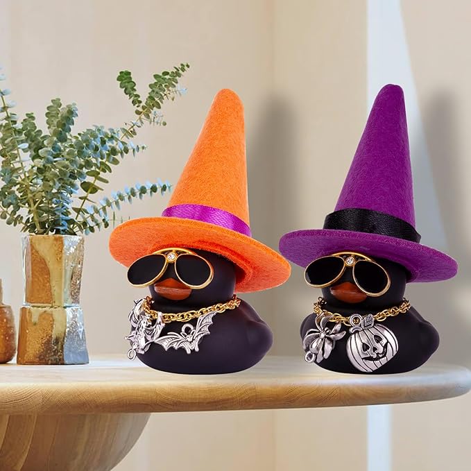 Halloween Car Rubber Duck, Duck Car Dashboard Decorations with Mini Witch Hat Sunglasses Necklace Halloween Accessories for Halloween Themed Gifts(W18)