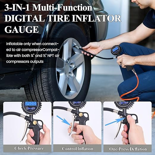 Digital Tire Pressure Gauge with Inflator, 250 PSI Heavy Duty Air Chuck Air Compressor Attachments, Improved Leaks Protection & Extended Hose Tire Gauge, 0.1 Display Resolution (Standard)