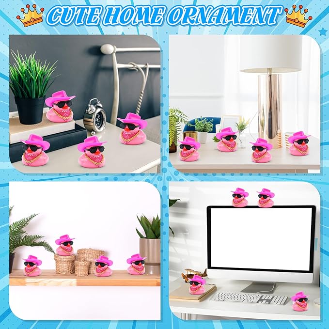 BOZILY Pink Cowboy Rubber Duck with Sunglasses, Gold Chain & Scarf - Funny Car Dashboard Decorations, Cute Duck Stress Relief for Car, Home, Office