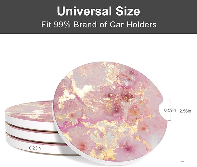 Car Cup Holder Coaster, Car Coasters for Cup Holders, 4 Pack Universal Anti Slip Insert Absorbent Ceramic Auto Interior Accessories with A Finger Notch & Cork Base, Golden Pink Marble