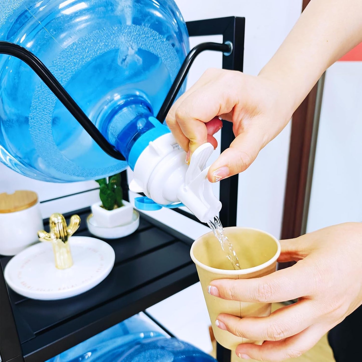 5 Gallon Water Jug Holder with 3-Tier Storage Shelves - Heavy Duty Stand with Fast Flow Spout - Fits 55mm Water Bottle - For Kitchen, Living Room, Office - Black