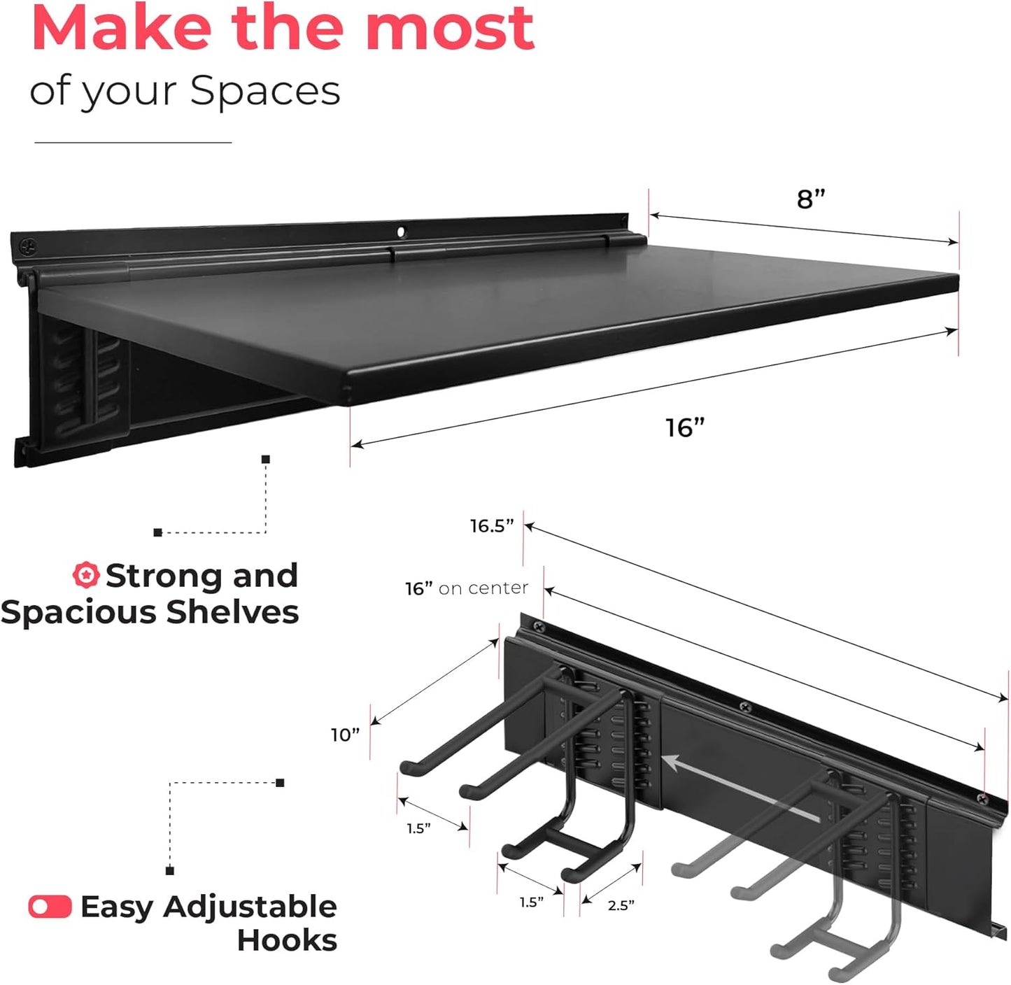 Heavy-Duty Garage Wall Storage System | Wall Mounted Tool Organizer Rack with Shelving | 10-Piece Mounting Kit | Includes 4x10” Double-Layered Hooks & 2x16.5” Floating Utility Shelves