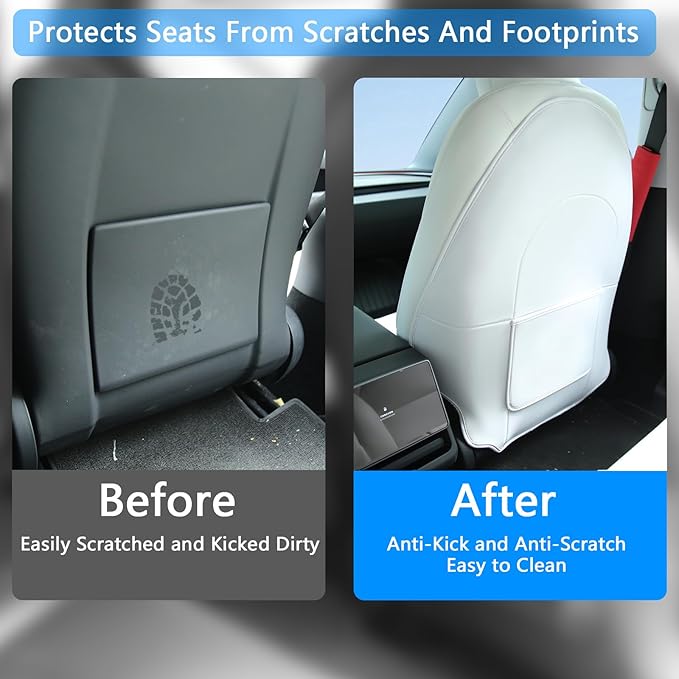 Leather Seat Back Protector for Tesla Model Y 2025 2026 Juniper & Y 3 S X Seat Cover Accessories for Kid Kick Mat（White
