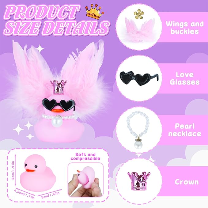 BOZILY Pink Rubber Duck,Rubber Ducks for Ducking, with Crown, Sunglasses, Pink Feather Wings & Pearl Necklace for Car Dashboard Decor, Cute as Car Ornament Gifts