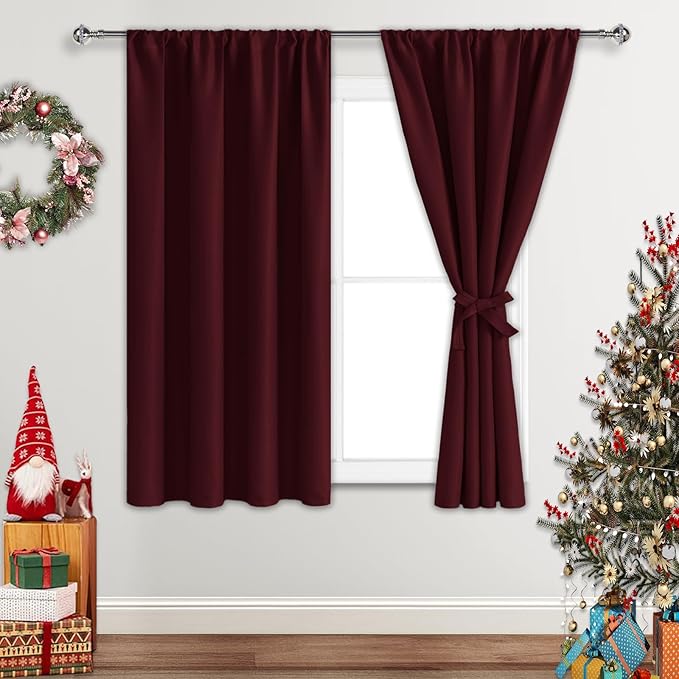 JIUZHEN Christmas Blackout Curtains for Bedroom - Thermal Insulated Room Darkening Rod Pocket Short Curtains for Living Room, Set of 2 Panels with Tiebacks, 38 x 54 Inch Length, Burgundy