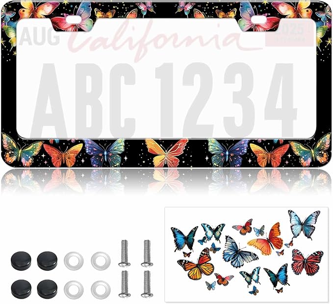 1pcs Hand Drawn Colorful Butterflies License Plate Frame for Women, Designer Red Blue Butterfly car tag Frames Girly for Vehicle with Non Adhesive Electrostatic Sticker