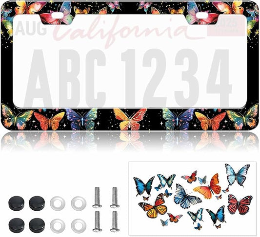 1pcs Hand Drawn Colorful Butterflies License Plate Frame for Women, Designer Red Blue Butterfly car tag Frames Girly for Vehicle with Non Adhesive Electrostatic Sticker