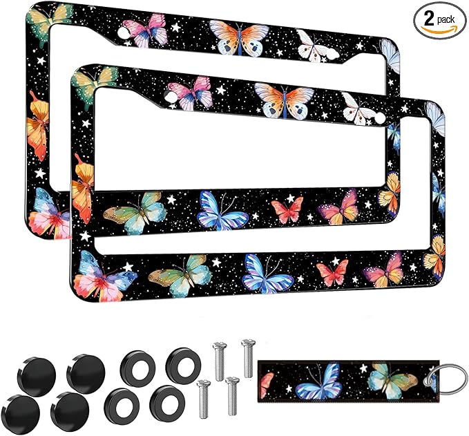 2pcs Colorful Butterfly License Plate Frame for Women,Inspirational Butterfly car Decorative tag Frames Girly,Colorful Butterflies License Plate Cover Holder for Vehicle with car Keychain tag