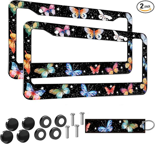 2pcs Colorful Butterfly License Plate Frame for Women,Inspirational Butterfly car Decorative tag Frames Girly,Colorful Butterflies License Plate Cover Holder for Vehicle with car Keychain tag