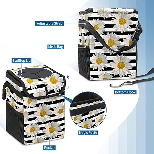 White Black Striped Daisy Car Trash Can With Lid - Collapsible Reusable Waterproof Garage Bag, Automotive Garbage Can, Accessories Interior Organizer