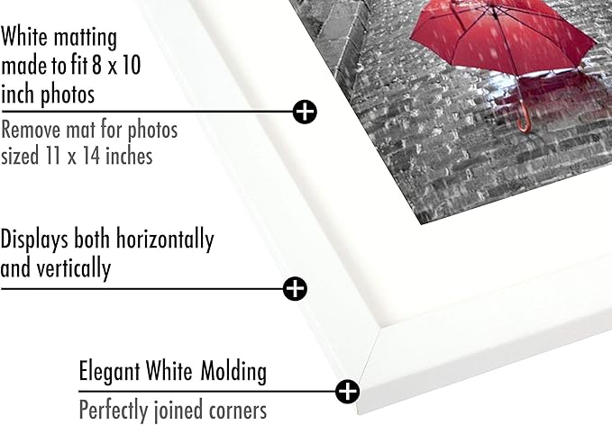 Americanflat 11x14 Picture Frame in White - Displays 8x10 With Mat and 11x14 Without Mat - Composite Wood with Shatter Resistant Glass - Horizontal and Vertical Formats for Wall