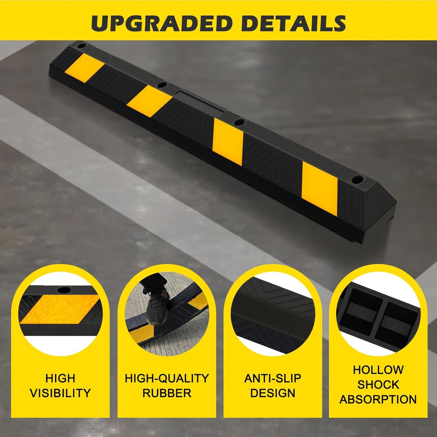 72" Rubber Parking Curb Stop, Heavy Duty Car Stopper, Parking Wheel Stops for Car, Garage Bumpers with Reflective Yellow Tape for Parking Car, Garage Parking (2 Pack)