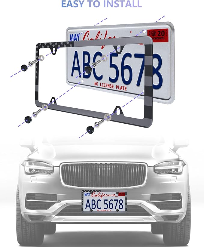 BGGTMO American Flag License Plate Frames- Black Stainless Steel Car Tag Holder Printed with USA Flag Pattern, 4 Hole 2 Pack with Screws Caps Decals for Front Rear