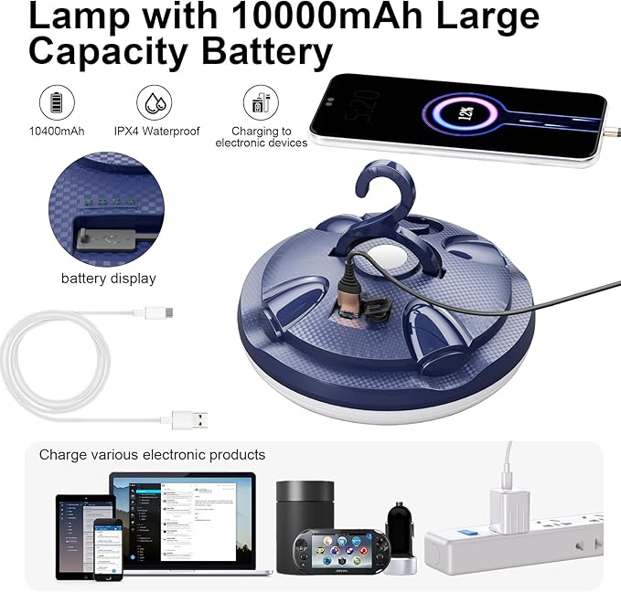 4000LM Portable Camping Light with 10400mAh Battery – 14H Max Run Time, 3 Light Modes Tent Light – Camping Lantern for Hiking, Emergency Use & Hurricane Power Outages (100W(Φ7.87 in))