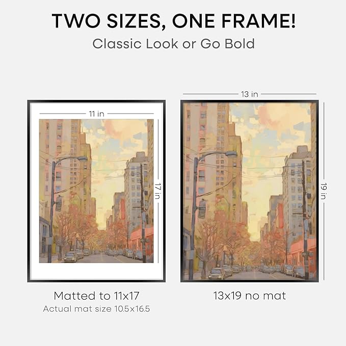 Homeforia 13x19 Picture Frame Black, High End Metal 13 x 19 Poster Frames with Mat 11 x 17 for Photo, 13x19 Black Frame Matted to 11x17 inch Print, 19x13 Thin Frame, Tempered Glass, Wall Kit, Set of 1