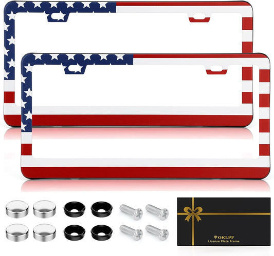 OKLPF Premium American Flag License Plate Frame, Red and Blue License Plate Cover, Aluminum Matte License Plate Front and Rear 2 Packs. (2 Holes), Come with Screw Cap, Screw,Washer