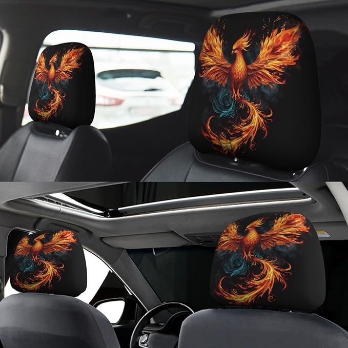 Dujiea 2 Pack Fire Animal Pheonix Print Car Headrest Covers, Universal Soft Car Seat Head Rest Cover Protector, Vehicle Accessories Fabric Headrest Cover for Cars Vans Trucks