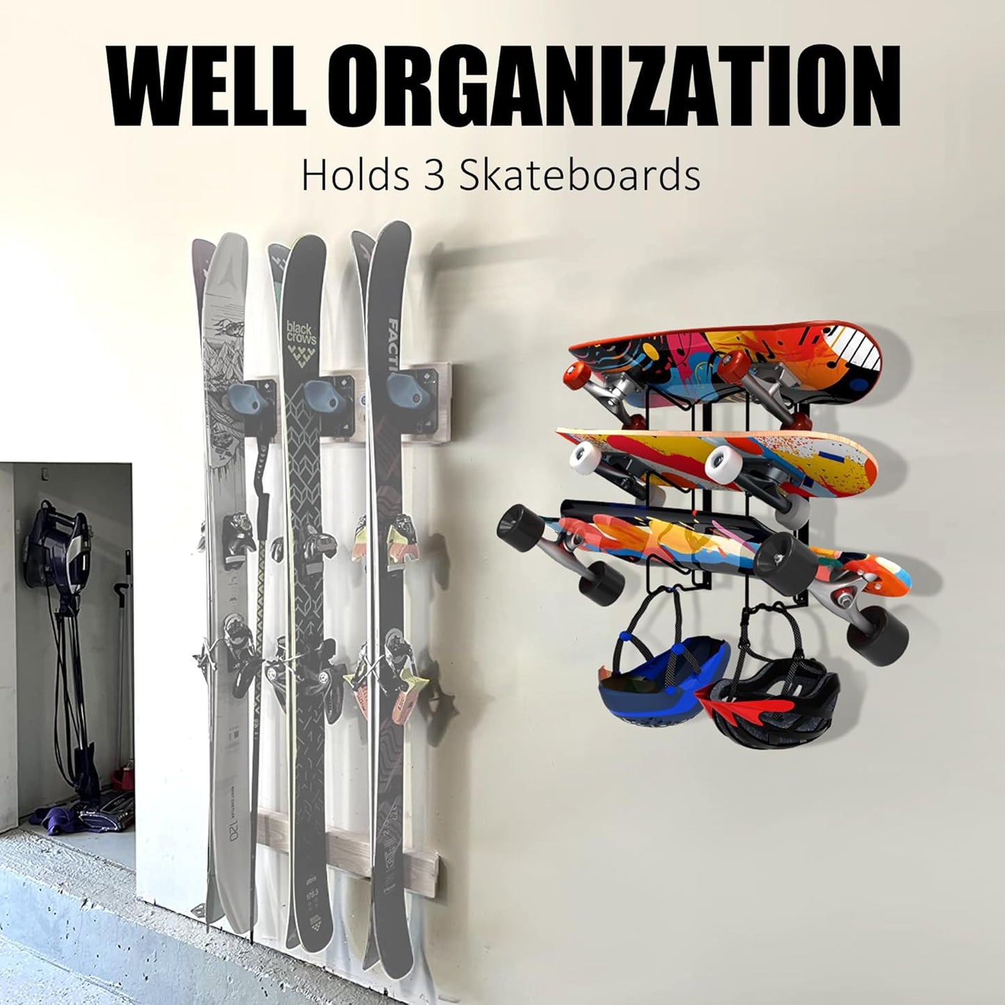 UNIREDPOWER Skateboard Storage Rack, Wall Mounted Organizer Shelf, Wall Display Hanger Holds Up 3 Pairs of Longboard Deck, Garage, Home, Shed