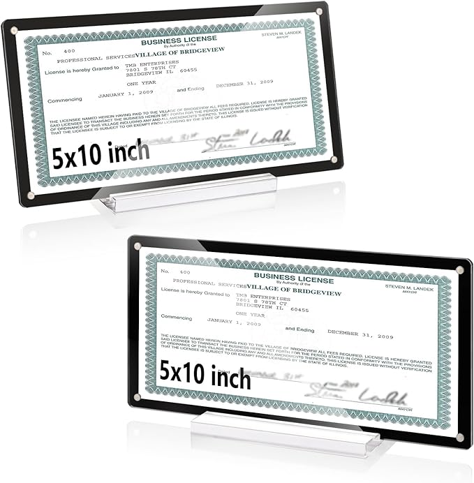 2 Pack 5x10 Business License Frame Magnetic Acrylic Business License Display Frame with Base White Card Paper Black Business License Certificate Holder for Office Desk House