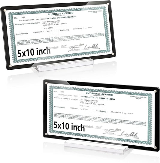 2 Pack 5x10 Business License Frame Magnetic Acrylic Business License Display Frame with Base White Card Paper Black Business License Certificate Holder for Office Desk House