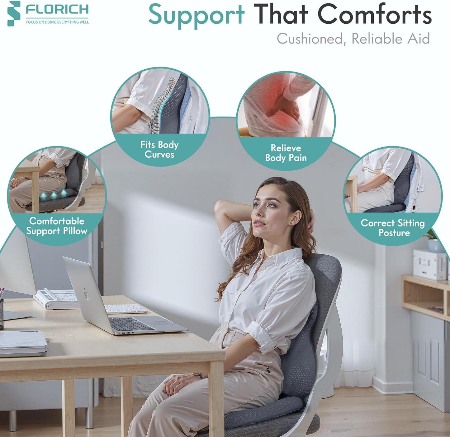 FLORICH Car Seat Cushion and Lumbar Support Pillow for Office Chair Car, Ergonomic Memory Foam, Relieves Back Sciatica Pain, Pressure-Relieving Back Support for Car, Office Chair & Wheelchair – Gray