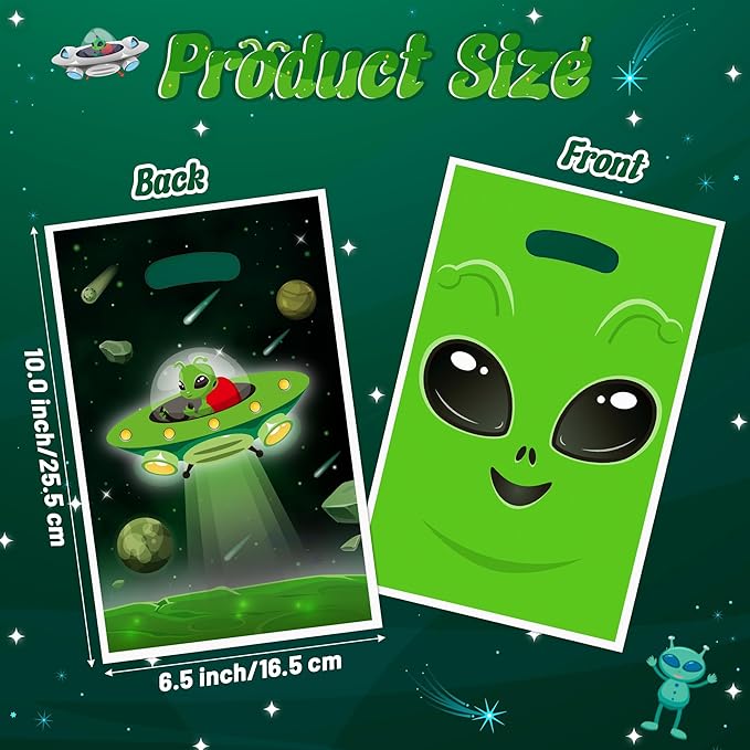 Alien Party Favor Bags - 50Pcs Fun Alien Party Gift Bags, Green Alien Goody Candy Treat Bags, Space Theme Party Decorations Plastic Birthday Snack Bag for Kids Birthday Alien Themed Party
