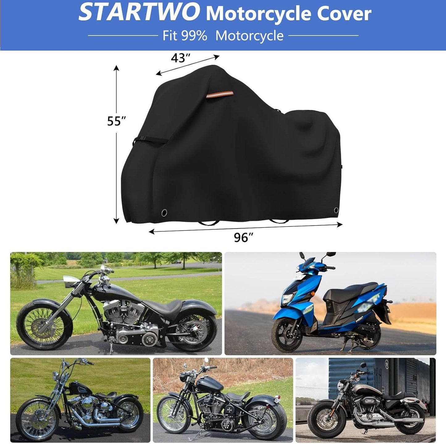 STARTWO Motorcycle Covers Waterproof Outdoor Storage Heavy Duty All Season Universal Vehicle Cover for Harley Davidson Sport, Cruisers, Softail, Adventure Series and Most Motorcycles 96"x43"x55" Black