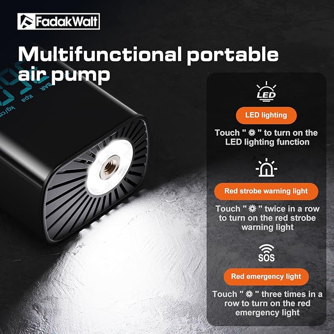 FADAKWALT Tire Inflator Portable Air Compressor, 150 PSI Cordless Air Pump with Digital Pressure Gauge, LED Light, Auto Shut-Off, for Car, Motorcycle, Bike, Ball – Not for Truck Tires