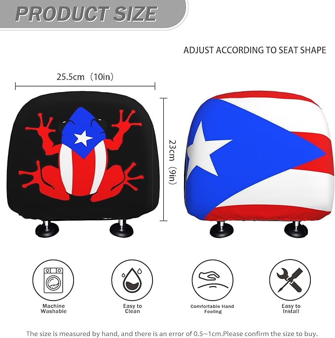 Puerto Rico Car Headrest Covers 2 Pack – Double-Sided Taíno Frog & Puerto Rican Flag Design – Universal Fit Stretch Seat Headrest Protector for Cars, SUVs & Trucks