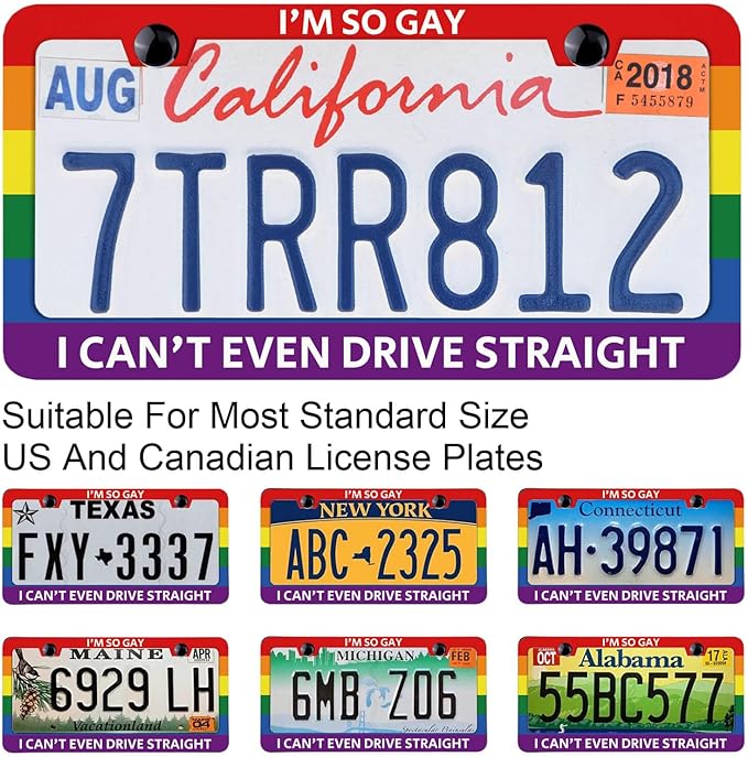 Funny License Plate Frames with Humor Text Gay Pride Rainbow Flag I'm So Gay I Can't Even Drive Straight Premium Stainless Steel Rust-Proof Stylish Car Decor 12.3x6.3in License Plate Holder -DATANSEN
